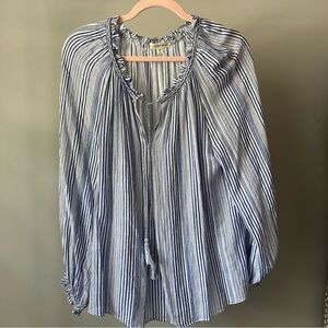Max Studio Blue White Striped Peasant Top with Tassels Size M